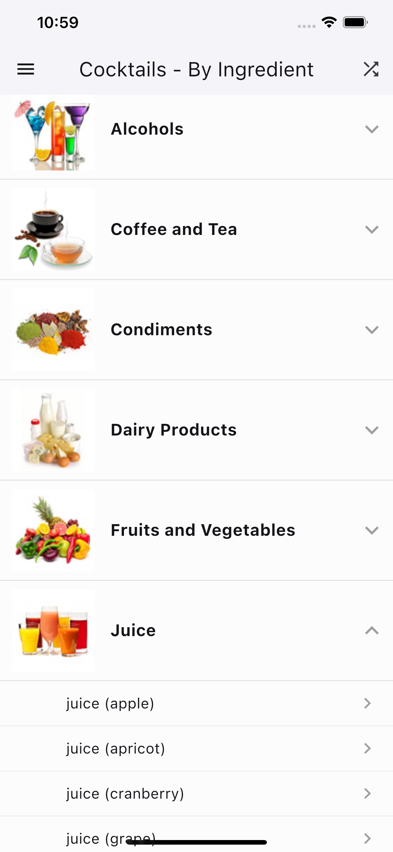 Search cocktails by ingredient